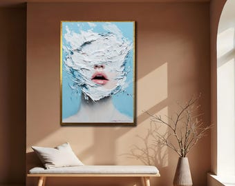Abstract Woman Portrait Canvas Art: Blue & White Face Wall Decor