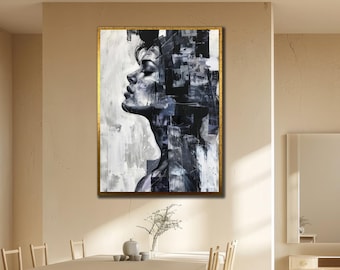 Black and White Woman Portrait Canvas Art: Abstract Face Wall Decor