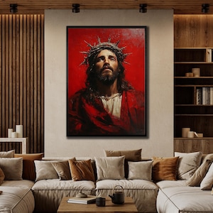 Red Jesus Print Art, Elegant Jesus Wall Art, Christian Gift Ideas, Religious Print Art, 3d Jesus Canvas Art, Luxury Spiritual Wall Decor