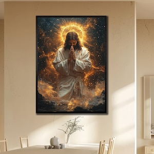 Canvas Jezus Christus bidden, Jezus onder de ster canvas muurkunst, Jezus print kunst, 3d Jezus canvas kunst, decor van de spirituele muur, goddelijk schilderij