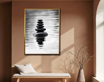 Tranquil Stones Canvas and Minimalist Spa Bathroom Wall Decor,Dark Zen Stones Print Art
