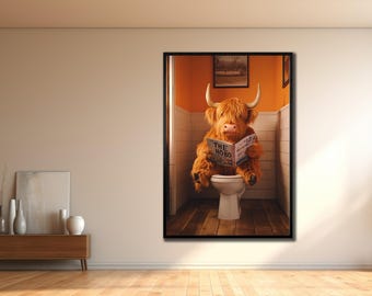 Highland Cow on Toilet Canvas: Funny Bathroom Farmhouse Art