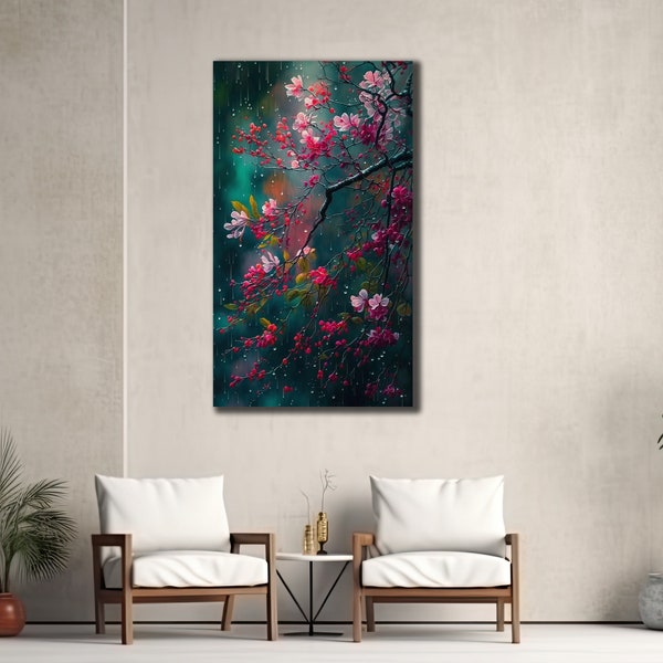 Rosa Blumen Leinwand Kunst, Sakura Blüten Wanddekor, Druck auf Leinwand, Wohnzimmer Dekor, asiatische japanische Wandkunst, Wandbehang, Natur Kunst