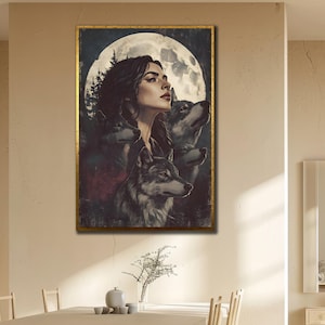Wolf Painting on Canvas, Woman Wall Decor, Wolves Wall Art, Modern Home Decoration, Animal Canvas Art, Woman Wolf Poster, Ethnic Canvas