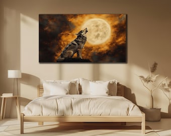 Arte em tela de lobo e lua: decoração de parede com animais selvagens, pronta para pendurar