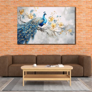 Blue&Gold Peacock Canvas Print, Elegant Peacock Wall Art, Vibrant Bird Poster, Animals Wall Decor, Painting On Canvas,  Peacock Home Decor
