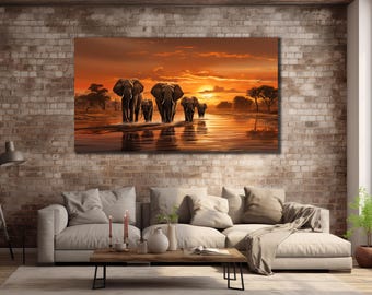 Elephants Family Canvas Painting Art, African Wall Decor, Safari Wall Art, Animals Print Art, Herd of Elephants Poster, Wall Hanging Canvas