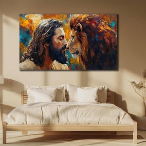 Jesus And Lion Canvas Print, Jesus Wall Art, House Gift İdea, Christian Art Poster, Home Decor, Religious Canvas Art, King Lion Painting Art