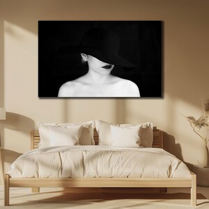 Woman with Black Hat Canvas Print, Girl Silhouette Painting Art, House Gift İdeas, Mysterious Wall Decor, Girl Wall Art, Sexy Woman Poster