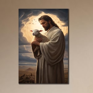 Jesus with Lamb Canvas Print, Jesus Wall Art, Christian Gift Ideas, Religious Print Art, 3d Jesus Canvas Art, Spiritual ChristianWall Decor