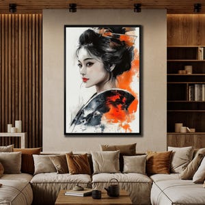 Arte em tela de gueixa, decoração de parede japonesa, arte de parede étnica, pintura de gueixa em tela, pôster tradicional, pintura de samurai, arte asiática elegante