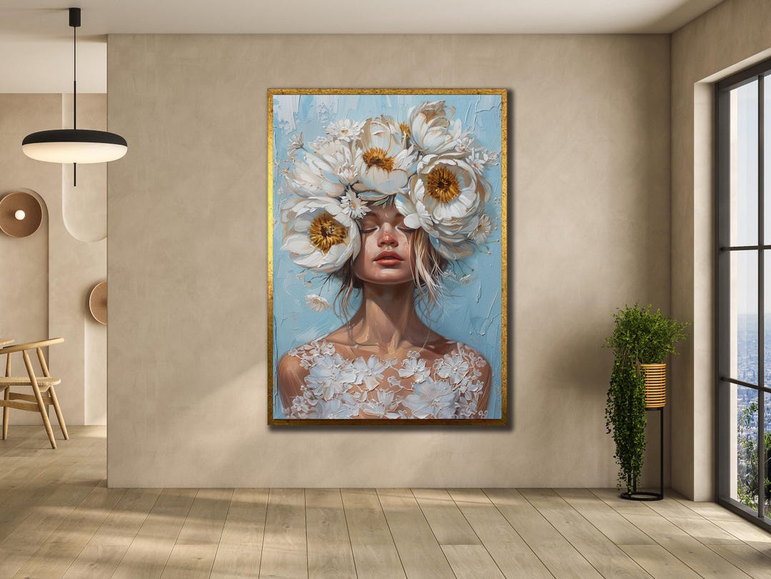 Floral Woman Portrait: Elegant White Roses Canvas Wall Art - Etsy