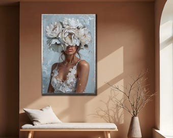 Flower Head Woman Portrait: Elegant White Roses Canvas Wall Art
