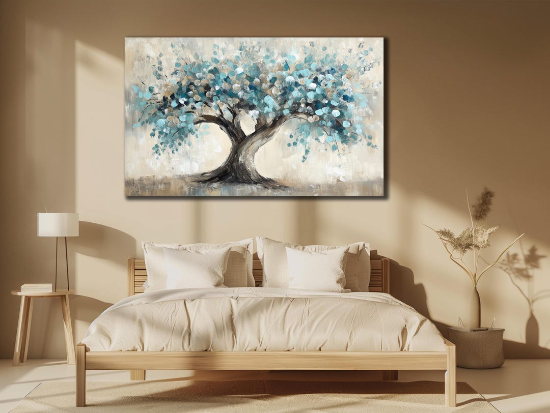 Tree Painting on Canvas, Elegant Blue Tree Wall Art, Modern Nature Wall ...