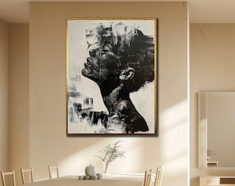 Black and White Woman Portrait Canvas Art: Abstract Face Wall Decor