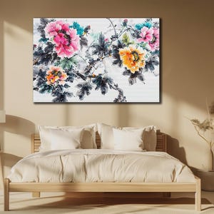 Peonies Roses Canvas Art, Peony Wall Decor, Print on Canvas, Living Room Decor, Flowers Wall Art, Wall Hanging Canvas, Floral Printing Art