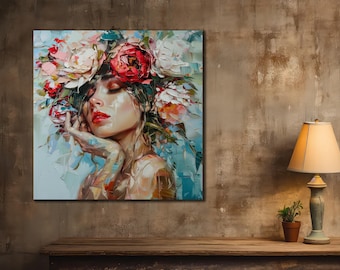 Woman with Flowers Portrait: Ready To Hang Canvas Wall Art