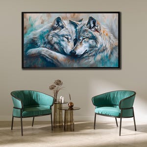 Wolf Gemälde auf Leinwand, Wölfe Wandkunst, Tier Wanddekor, Paar Poster, fertig zum Aufhängen, Wildtier Wolf Kunstwerk, gerahmte Leinwanddruck