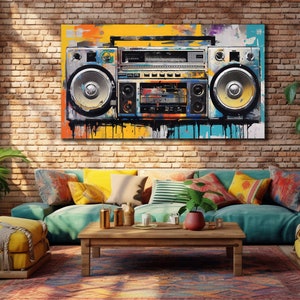 Grafitti Radio Leinwanddruck, Retro Boombox Wanddekor, Musik Wandkunst, Audio Cassette Playert Leinwandkunst, Musikinstrument Poster
