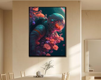 Astronaut and Flowers Canvas Art: Colorful Galaxy Painting, Space Wall Decor