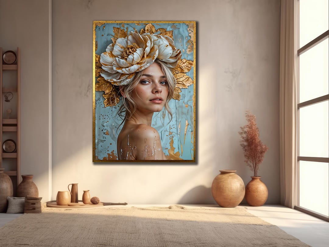 Floral Woman Portrait: Elegant White Roses Canvas Wall Art - Etsy