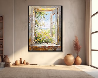 Window View Floral Canvas Painting: Garden Wall Art, Colorful Nature Scene, Flowers Wall Decor