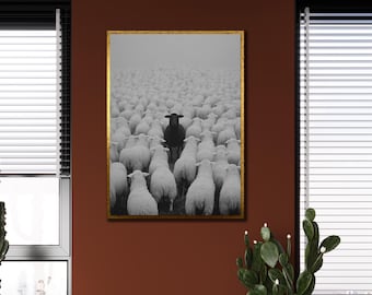 Sheep Painting on Canvas, Black Sheep Wall Decor, Unique Wall Art, Home Decoration, Spiritual Canvas Art, Unique Among White Lamb Artwork