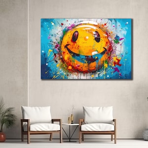 Smiley Face Art Canvas, Graffiti Painting on Canvas, Yellow Smile Wall Art Canvas, Childrens Room Wall Art,  Art Canvas Gift for Kids