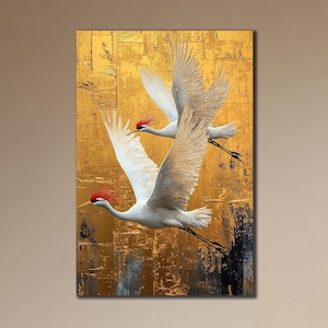 Gold Crane Canvas, Crane Print Art, Birds Wall Decor, Room Wall Decor, Animal Print on Canvas,Japanese Art Canvas, Golden Wall Art Poster