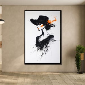 Woman with Black Hat Canvas, Girl Silhouette Painting Art, House Gift İdeas, Mysterious Wall Decor, Girl Wall Art, Fashion Woman Poster