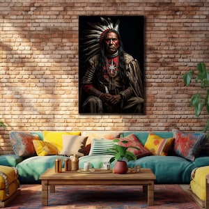 American Indian Man Poster, Ethnic Print Wall Decor, Indian Chief Canvas, Native Wall Art, Home Decor, Gift For Her, Warrior Man Artwork