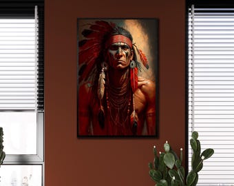 Native Framed Wall Art, Ethnic Wall Decor, Portrait American Indian Man Poster, Home Decorative Canvas, Gift For Her, Warrior Man Artwork