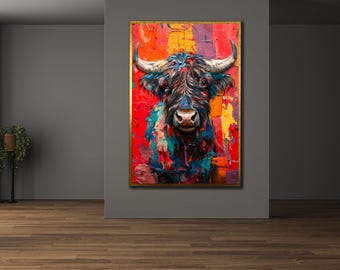 Colorfull Bull Portrait Canvas: Modern Farmhouse Wall Art