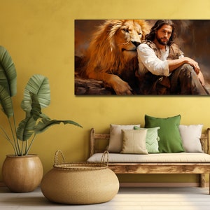 Jesus And Lion Canvas Print, Jesus Wall Art, House Gift İdea, Christian Art Poster, Home Decor, Religious Canvas Art, King Lion Painting Art