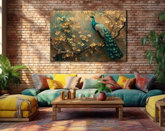 Blue & Gold Peacock Canvas Print: Elegant Bird Wall Art