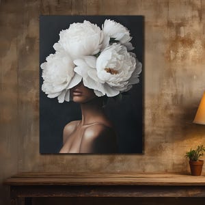 花の頭を持つ女性の肖像画キャンバス、女性アートキャンバス、バラのポスター、黒人女性のウォールアート、女性の花の頭アート、花の頭アートプリント