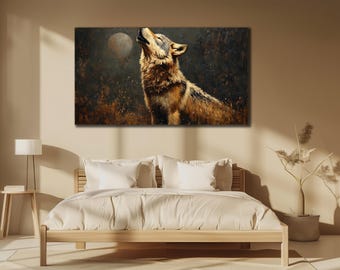 Arte em tela de lobo e lua: decoração de parede com animais selvagens