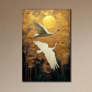 Gold Crane Canvas, Crane Print Art, Birds Wall Decor, Room Wall Decor, Animal Print on Canvas,Japanese Art Canvas, Golden Wall Art Poster