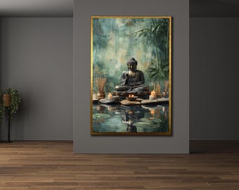 Buddha and Lotus Canvas Print: Gold Zen Meditation Wall Art