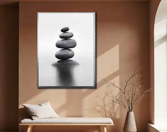 Tranquil Stones Canvas, Spa Bathroom Wall Decor, Zen Balancing Stones Print Art