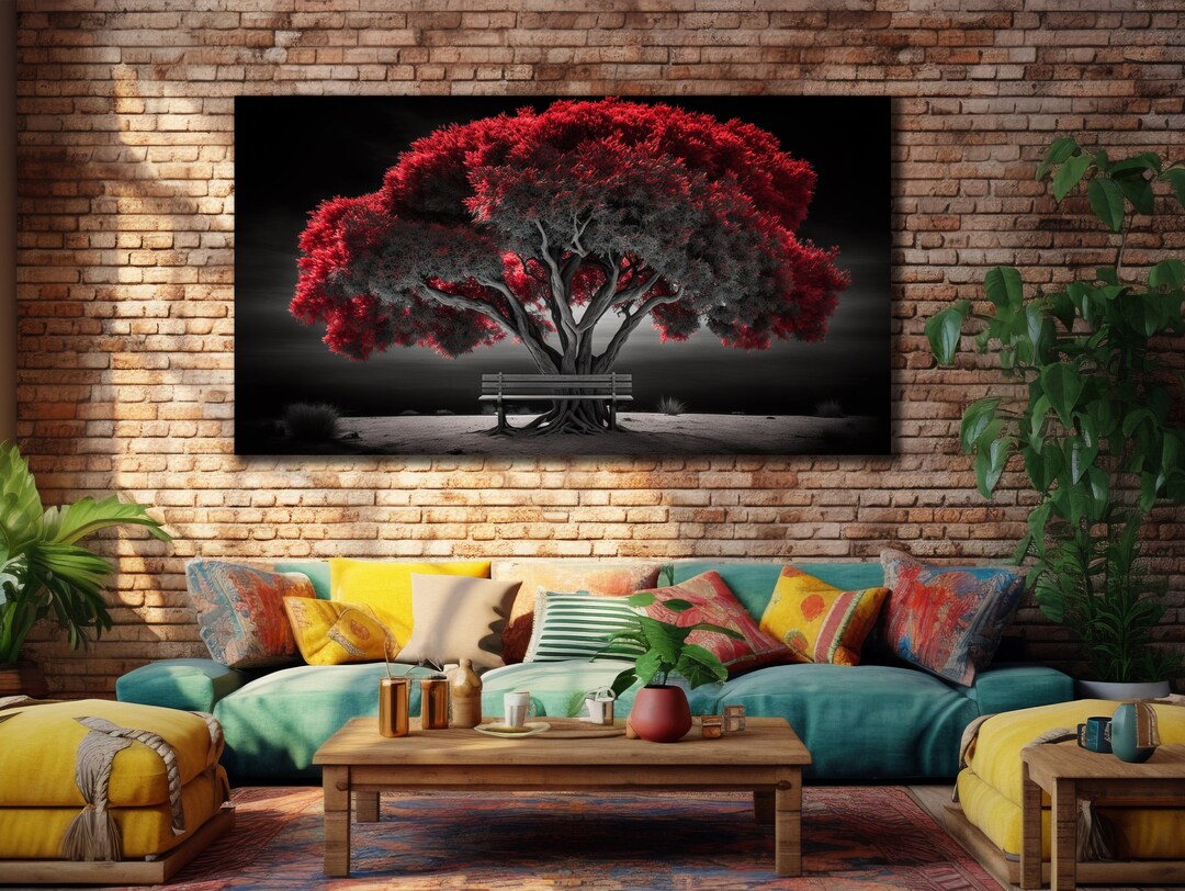 Tree Painting on Canvas, Red Tree Wall Art, Nature Wall Decor ...