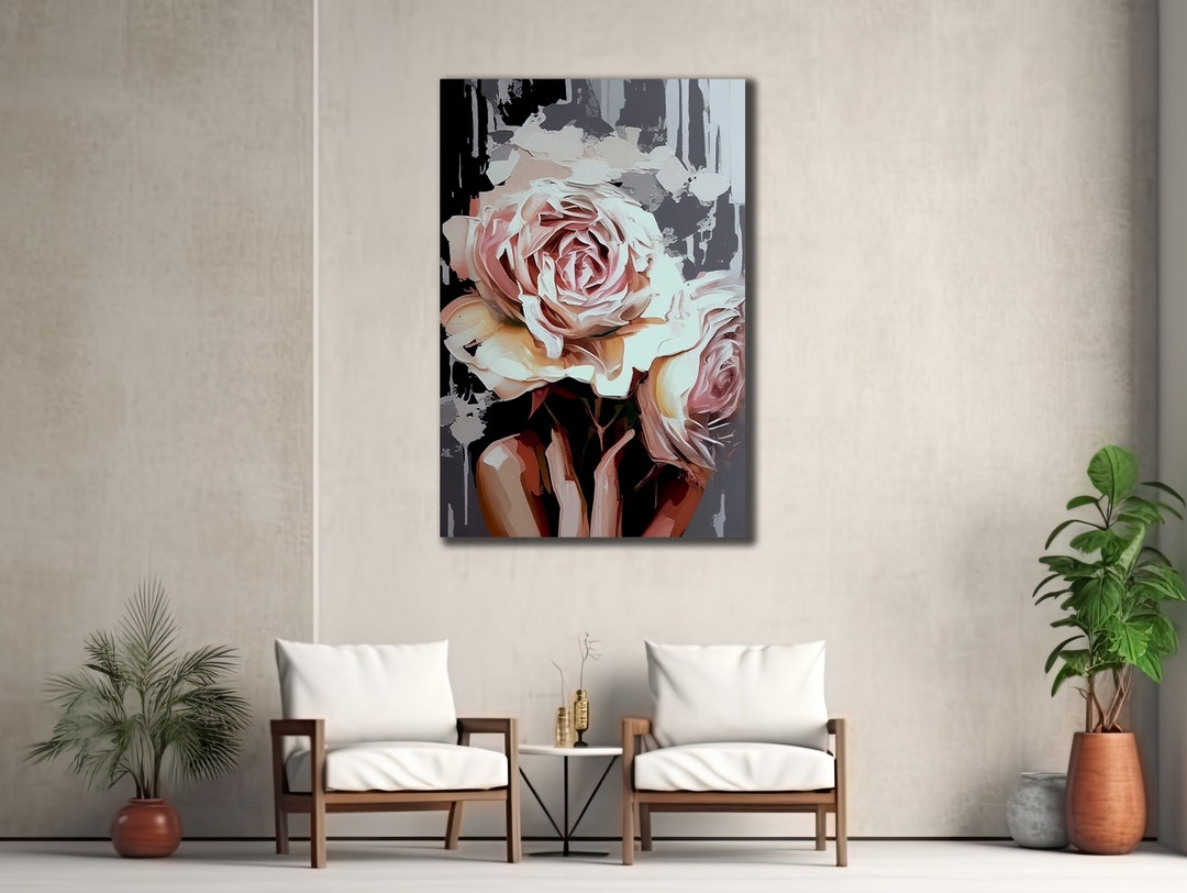 Woman With Pink Roses Canvas Art: Modern Bedroom Wall Decor - Etsy