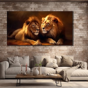 Lion and Lioness  Canvas Print, Brown Lion Family Painting Art, House Gift İdeas, Farmhouse Wall Decor, Animals Wall Art, Couple Lion Poster