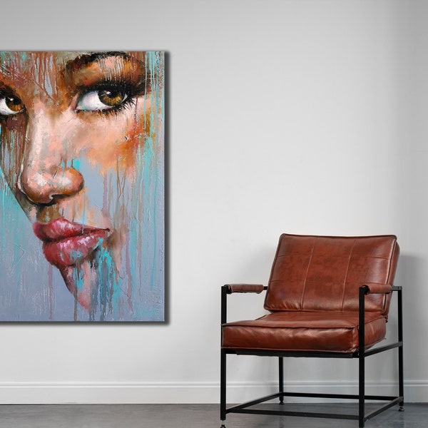 Maquillage artistique abstrait sur toile, Art mural visage bleu, Décoration murale contemporaine, Poster abstrait, Décoration prête à accrocher, Impression artistique femme