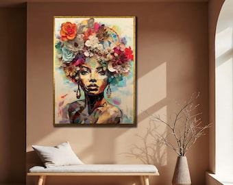Flower Head Woman Portrait: Elegant White Roses Canvas Wall Art
