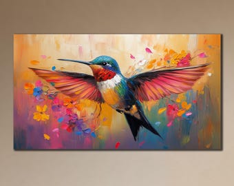 Hummingbird Canvas Art: Colorful Floral Bird Print