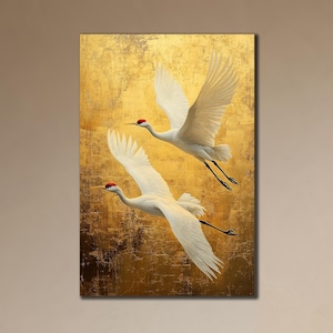 Gold Crane Canvas, Crane Print Art, Birds Wall Decor, Room Wall Decor, Animal Print on Canvas,Japanese Art Canvas, Golden Wall Art Poster