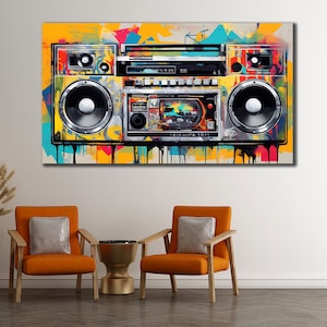 Grafitti Radio Leinwanddruck, Retro Boombox Wanddekor, Musik Wandkunst, Audio Cassette Playert Leinwandkunst, Musikinstrument Poster