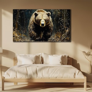 Brown Bear Painting on Canvas, Huge Bear Wall Art, Contemporary Wall Decor, Animal Poster, Ready To Hang Decor, Grizzly Bear Printing Art