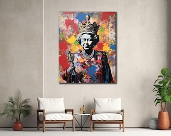 Queen Elizabeth Canvas Prints, Banksy Queen Wall Art, House Gift İdea, Bedroom Wall Decor,Street Pop Art Poster, Home Decor, Graffiti Canvas